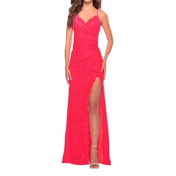 NEW LA FEMME v-neck long stretch lace prom dress in hot coral